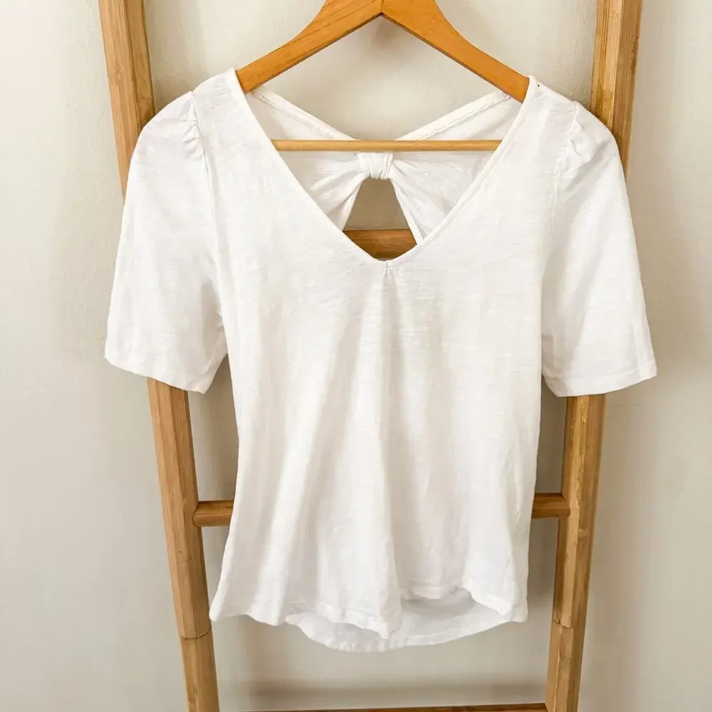 Meadow Rue Anthropologie White Bow Back Tee Puff Sleeve Top Size S